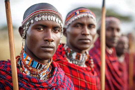 Maasai warriors standing together in traditional clothing holding spears