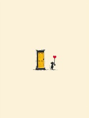 A simple scene of a mouse with a balloon by a yellow door.