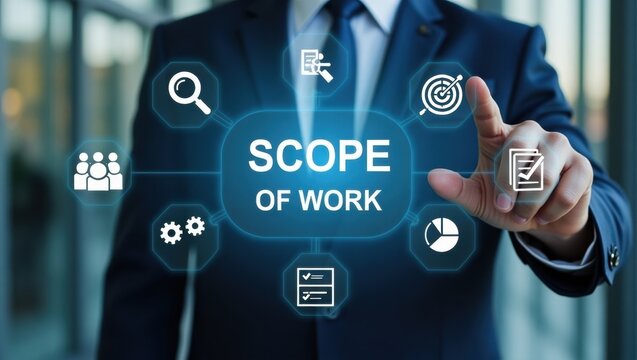 Businessman interacting with a scope of work interface.