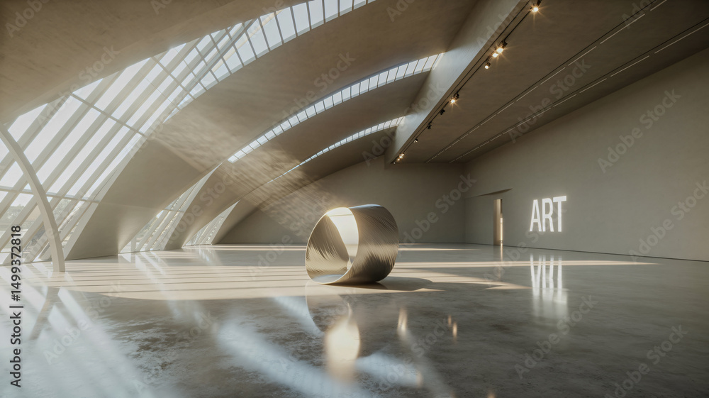 Poster wide-angle view inside a modern art gallery dynamic architectural lines
