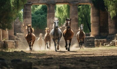 Stado koni galopuje przez starożytne ruiny, symbolizując wolność i siłę natury w harmonii z historią.