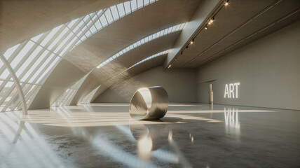 Wide-angle view inside a modern art gallery dynamic architectural lines