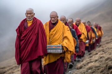 Buddhist monks walking in the mountains of tibet during a religious ceremony