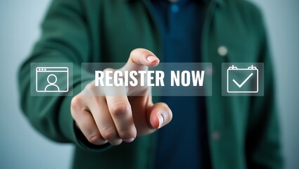 Man's finger pressing register now button with website and check mark icons