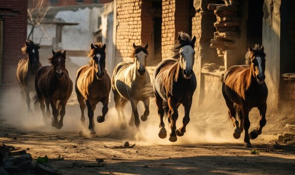 Stado koni pędzących przez zakurzoną wiejską uliczkę wśr&oacute;d zniszczonych budynk&oacute;w