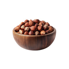 Obraz premium Fresh hazelnuts in a wooden bowl isolated on a transparent background, in a PNG format