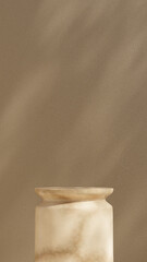 A 3D rendering of a product display podium set against a brown wall in a portrait orientation.
