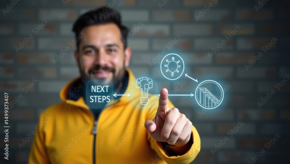 Poster person interacting with a projected visualization of next steps.