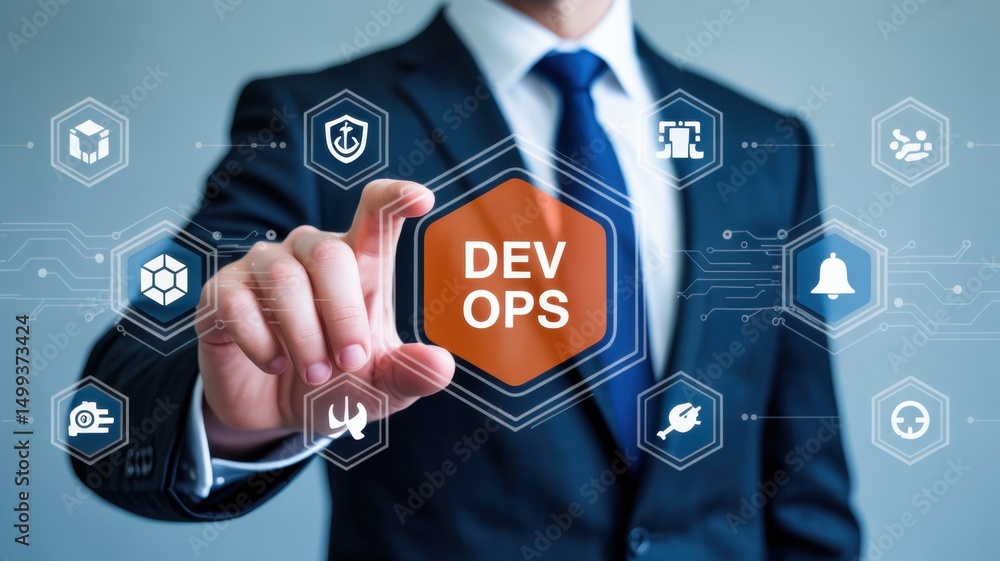 Poster businessman selecting devops concept on a digital interface.