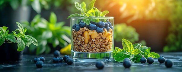 Healthy granola, blueberries, mint parfait