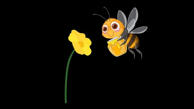 Cartoon bee with honey jar and yellow flower on transparent background.