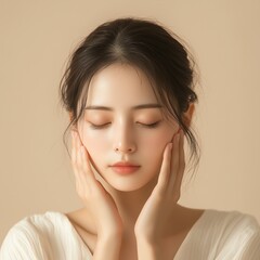 Fototapeta premium Beautiful Asian Woman Touching Face with Eyes Closed - Beige Background Skincare Concept