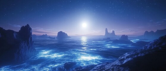 dramatic alien ocean where glowing waves crash against jagged cliffs, and massive bioluminescent creatures swim in the distance, Generative AI