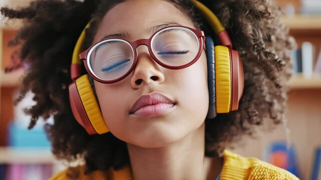 Relaxed girl enjoying music with headphones in a colorful room setting