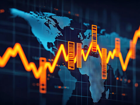Global financial data visualization with glowing orange graph lines and world map background