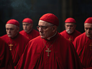 Group of Catholic cardinals dressed in red robes and hats, standing solemnly in dimly lit setting