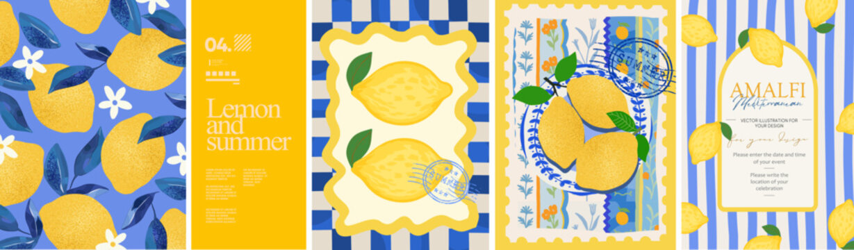Summer. Lemons. Amalfi. Vector illustration of summer lemon, blue pattern, postage stamp and Italian Mediterranean striped invitation for poster, background, print or card