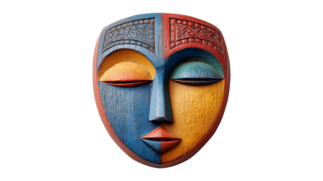 Wooden mask with intricate tribal carving patterns