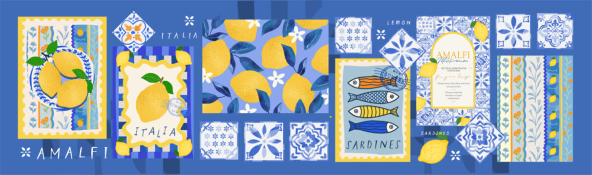 Summer. Lemons. Amalfi. Vector illustration of sardine fish, Mediterranean seamless pattern, Italian blue ceramics and tiles, lemons for invitation, poster, background, postage stamp or card