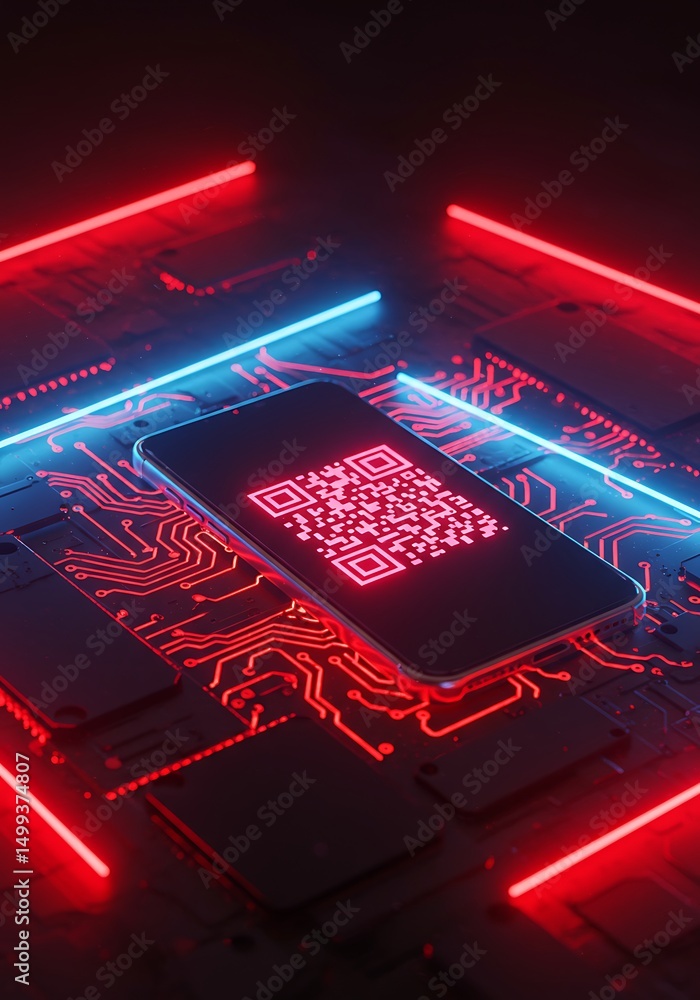 Aufkleber futuristic tech illustration featuring a glowing qr code displayed on a smartphone device