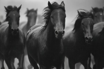 Stado dzikich koni w ruchu, monochromatyczna fotografia
