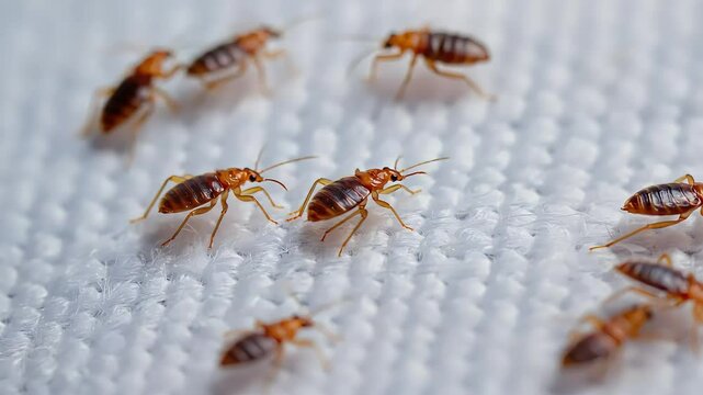 Close-up of several bed bugs on a textured surface. The insects are small, brown, and have distinct stripes on their bodies. They are commonly associated with infestations.