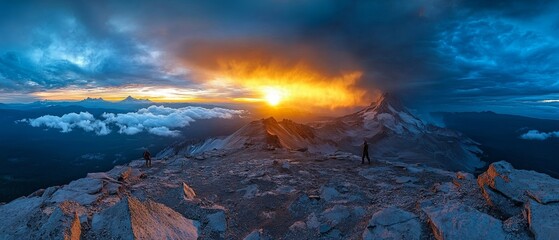 dramatic mountaintop where adventurers face swirling storm clouds, and a distant glowing peak beckons on the horizon, Generative AI