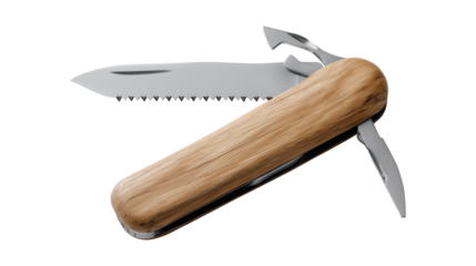 Folding pocket knife with wooden handle and multiple tools