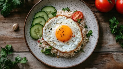 Fried rice topped with sunny-side-up egg and cucumber slices