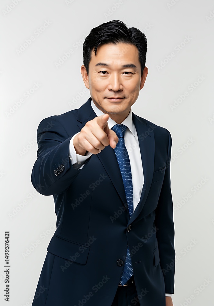 Poster confident asian businessman points towards the viewer with a smiling expression and suit