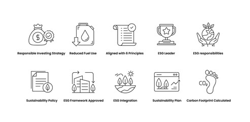 ESG Compliance and Integration. Icons Representing ESG Policies, Risk Mitigation, Sustainable Practice Adoption, and Framework Implementation