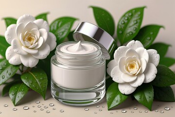 Photorealistic close-up of cosmetic cream jar surrounded by white camellias and green leaves with fresh water drops on a neutral background
