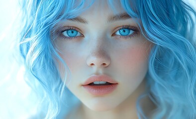 Fototapeta premium Mockup of figure with long wavy blue hair on light background
