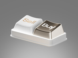 3D icon of keyboard buttons labeled Buy and Sell, representing trading actions, online transactions, and investment decisions in digital finance platforms.