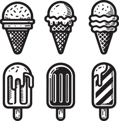 Black and White Ice Cream and Popsicle Line Art Icons – Minimalist Vector Set