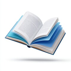 Open book with blue pages floating on white