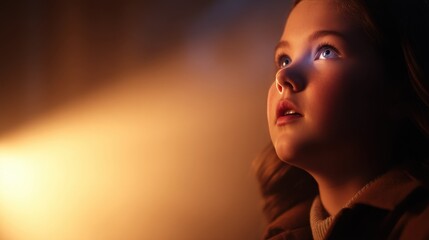 Young girl gazing in wonder at a glowing light in a dimly lit room, evoking curiosity and awe