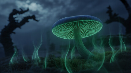Poison lantern glowing mushroom floating in the dark night