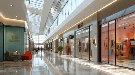 Fototapeta premium Modern shopping mall with designer storefronts and skylights