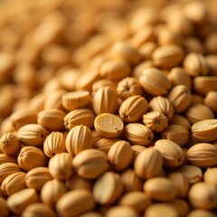 Close-Up of Golden Coriander Seeds – Natural Spice Ingredient Texture on Soft Focus Background

