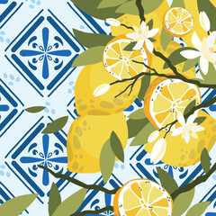 A bright pattern with fresh lemons, blossoms, and green leaves on a Mediterranean blue tile background. Perfect for fabric, wallpaper, packaging, and summer-themed designs.