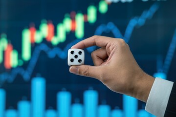 hand hold dice in front of stock candlestick chart. Market risk concept