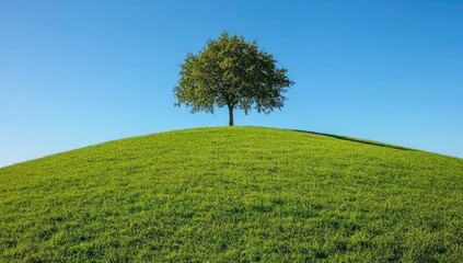 Obraz premium A serene green hill with a lone tree, under the clear blue sky. The grass is lush and vibrant against the deep blues of the sky, creating an idyllic landscape.
