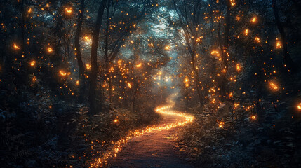 Mystical magical forest at night with glowing lights