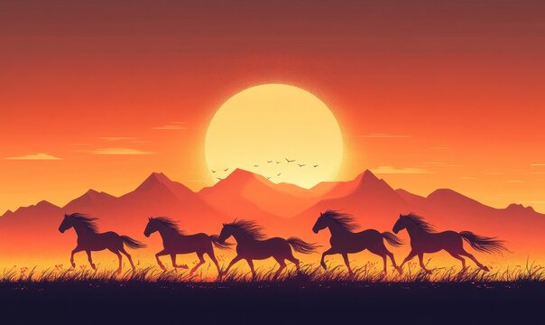 Stado koni na tle zachodzącego słońca