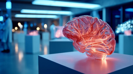 Futuristic brain model glowing in science exhibition under ambient light