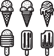 Black and White Ice Cream and Popsicle Line Art Icons – Minimalist Vector Set