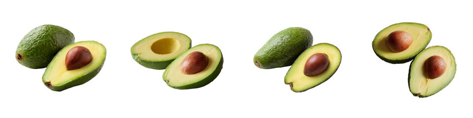 Whole and halved avocados with visible pits and green flesh.
