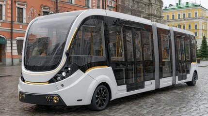 Futuristic autonomous bus concept with panoramic windows in urban environment