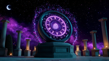 Obraz premium Massive zodiac dial surrounded by ancient columns glowing with vibrant cosmic energy under starry purple sky